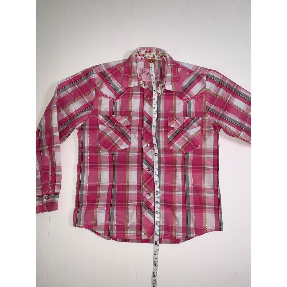 Rodeo Girl Kids Pink Plaid Metallic Snap Front Western Shirt Rhinestones Size M